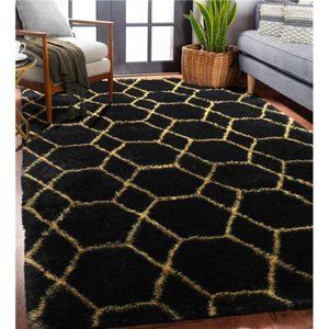 Fluffy Shag Area Rug Black and Gold Rug, Modern Geometric Plush Rug Carpet